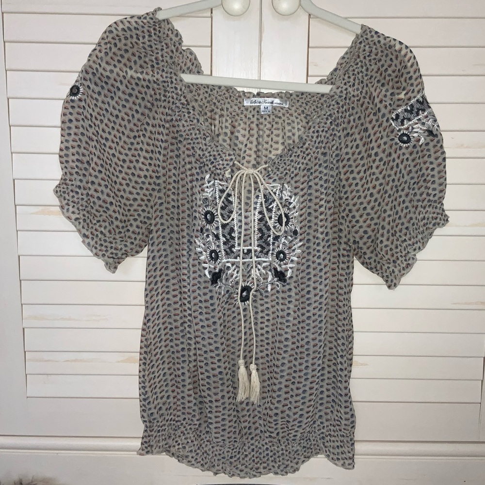 Anthropologie Blue Tassel Collection Smocked top